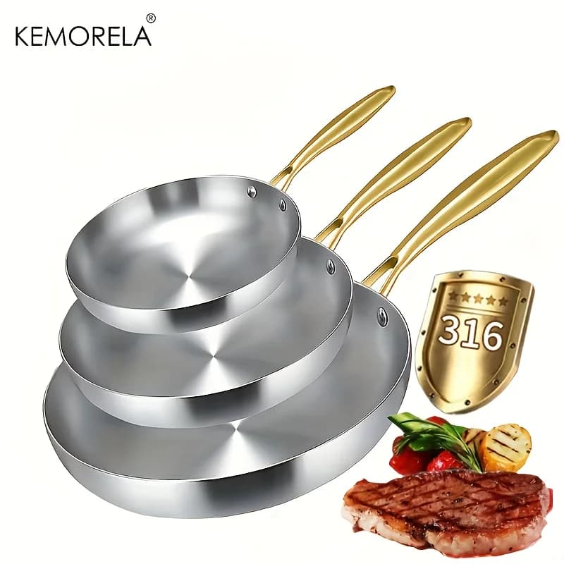 3PCS Multiple Sizes Stainless steel 316 2MM thick Wok Non-stick steel pans for 5 layers food use for kitchen pot