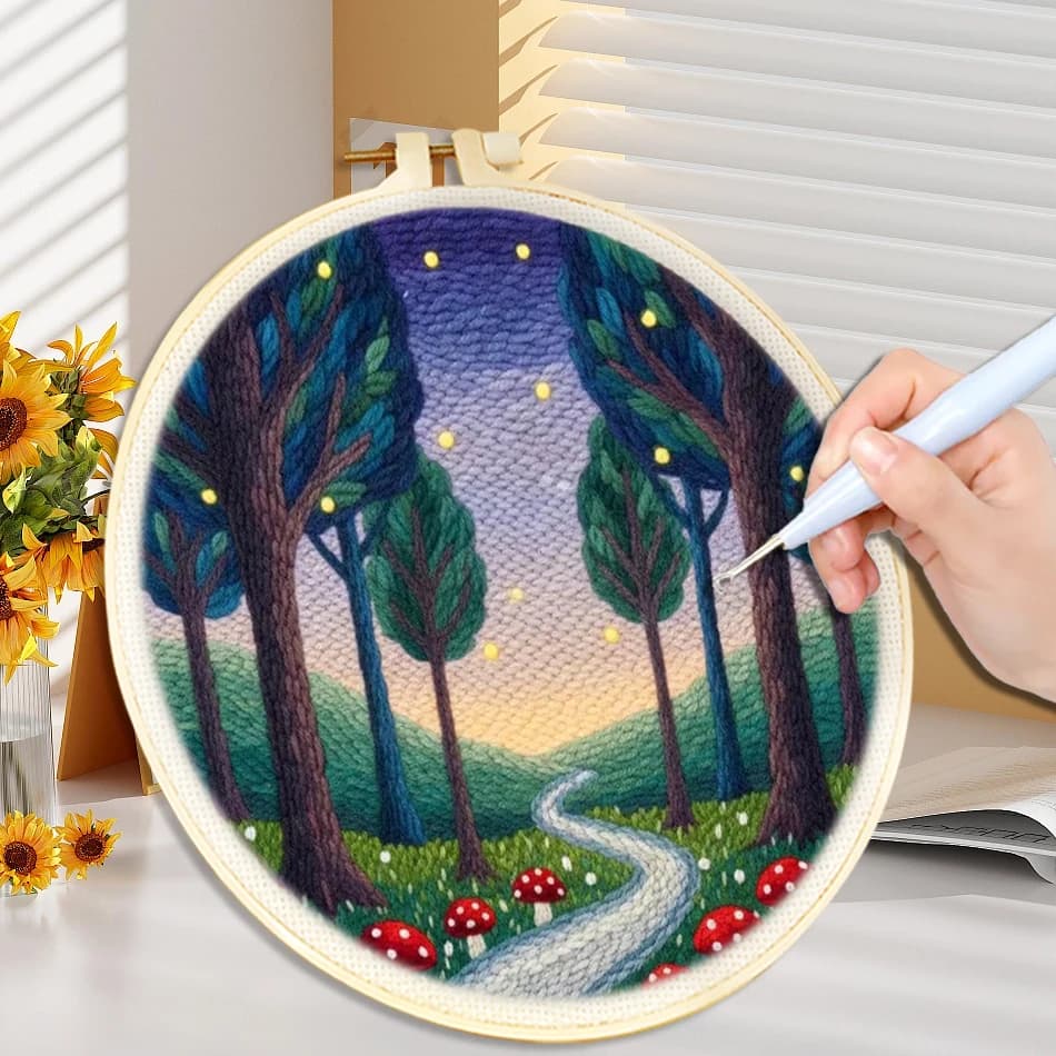 Scenery Pattern Punch Needle with Embroidery Hoop For Adults Punch Needle Kit Sewing Embroidery Poke Home Decor Gift