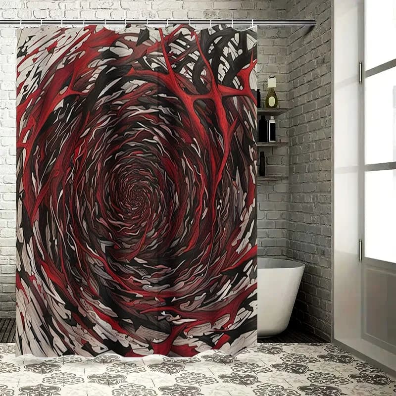 Tenda da doccia per bagno astratta rossa nera Tessuto decorativo moderno in poliestere con occhiello per appendere asciugamani da bagno nella vasca da bagno