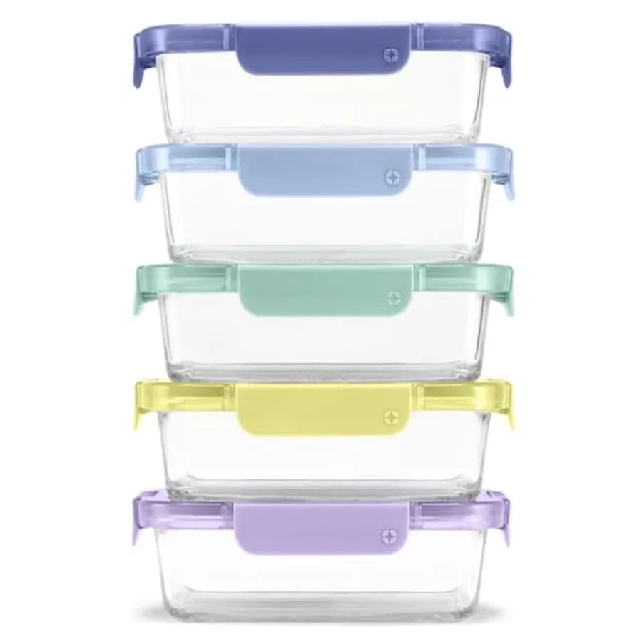 Set di Contenitori in Vetro per Alimenti Color Lock 3.4 Cup, 10 Pezzi, 5 Confezioni, Ermetici con Coperchio in Plastica Senza BPA