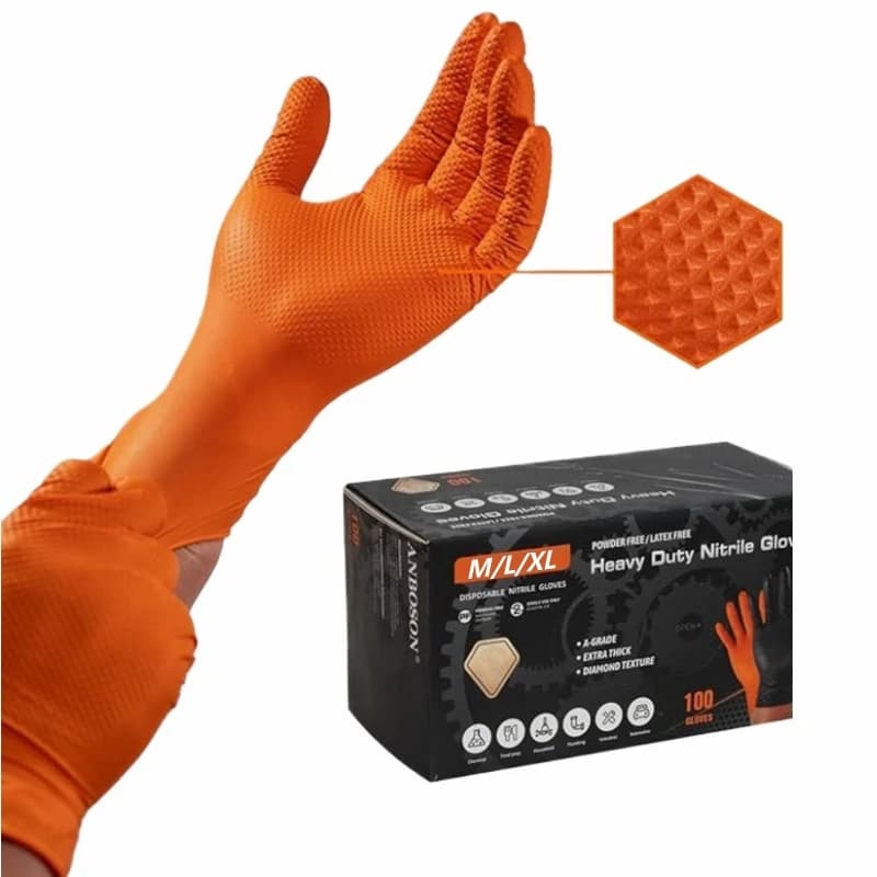 Guanti in Nitrile Arancioni Resistenti 8 Mil, Monouso, con Presa Testurizzata a Diamante, Guanti da Lavoro di Sicurezza, Guanti Industriali per Meccanici, Senza Lattice