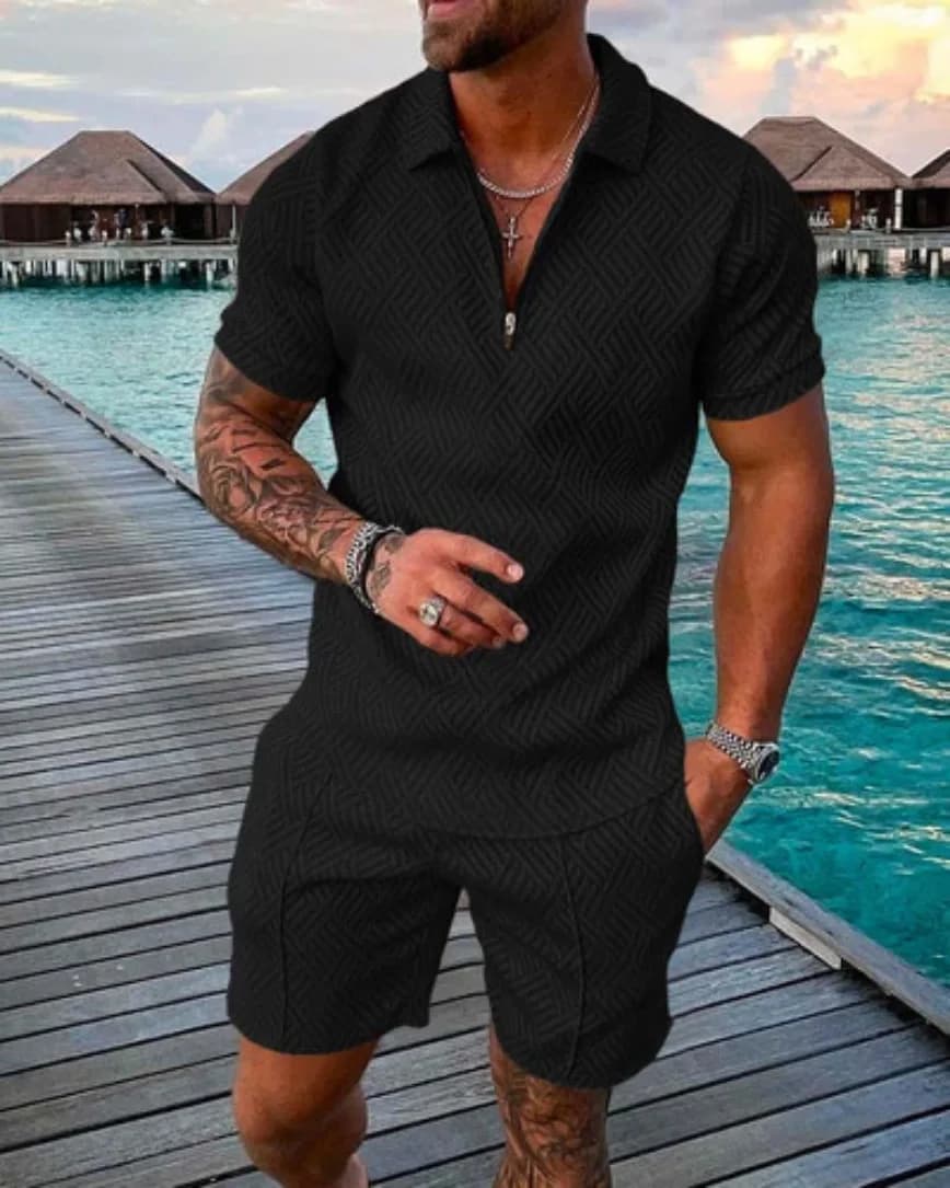 Solid Color Luxury Style Men's Polo Sets V-neck Zipper Polo Shirt Shorts Tracksuits Man 2-piece Set Men's Polo Suit Mens Wear