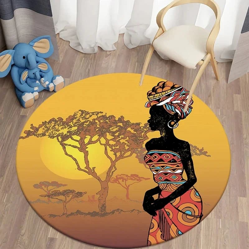 Round carpet with African women's print Non-slip carpet for living room Bedroom Balcony Kitchen decor Traditional yoga mat