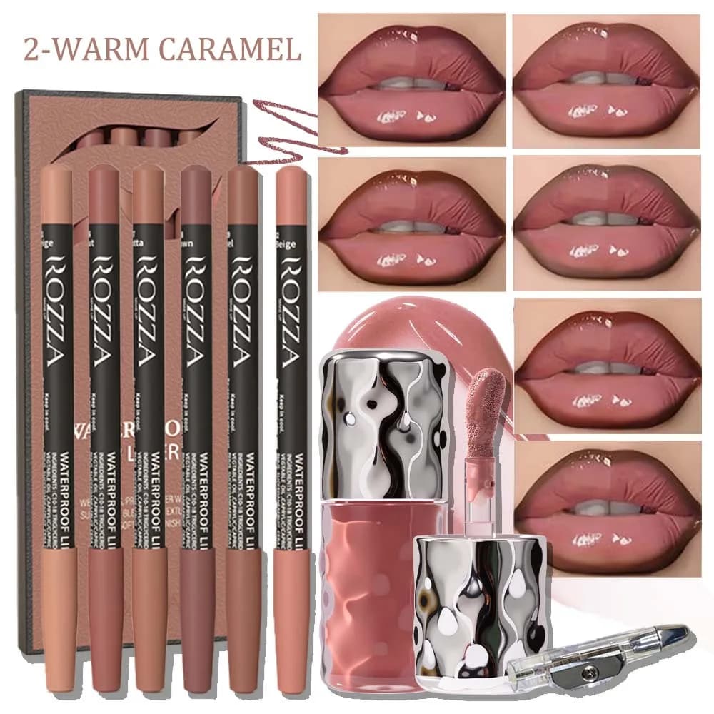 Beauty set for lips from 8 pieces/set – 6 removable lip pencils, 1 moisturizing lip gloss and 1 pencil sharpener – Soft and long lasting lip kit