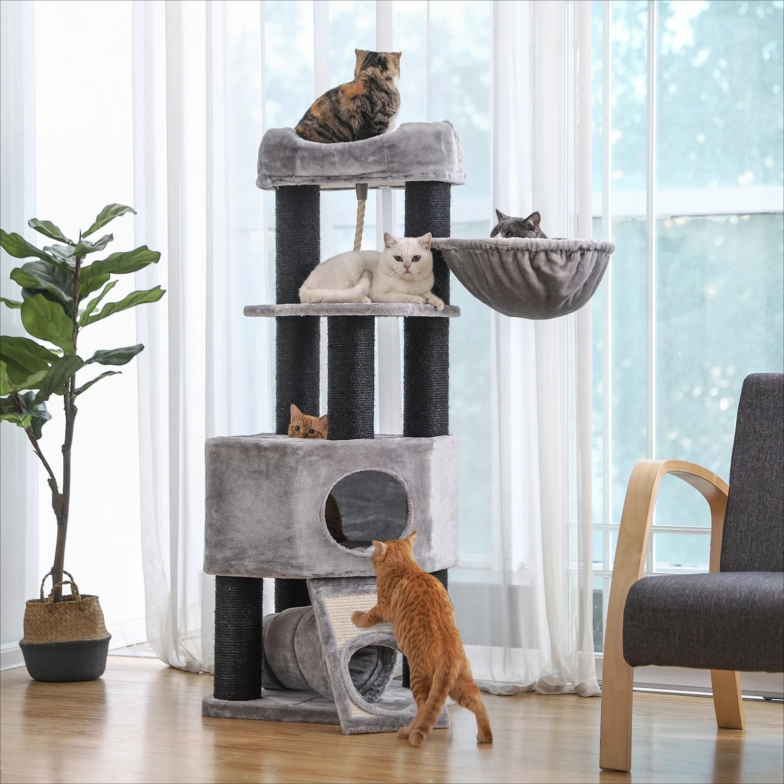 # Robusto albero per gatti da arrampicata, grandi tiragraffi in sisal con soffice piattaforma di visualizzazione, lettino e torre per gatti coccole