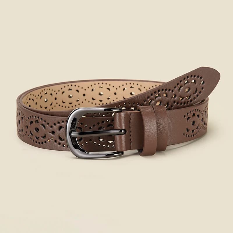 Cintura da donna in PU con fiori scavati, abbinamento alla moda con jeans, cintura per pantaloni casual, adatta per cintura universale per tutte le stagioni da donna