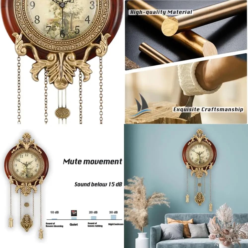 Vintage Wall Clock in Wood with Oscillating Pendulum - Battery Powered (2 AA)