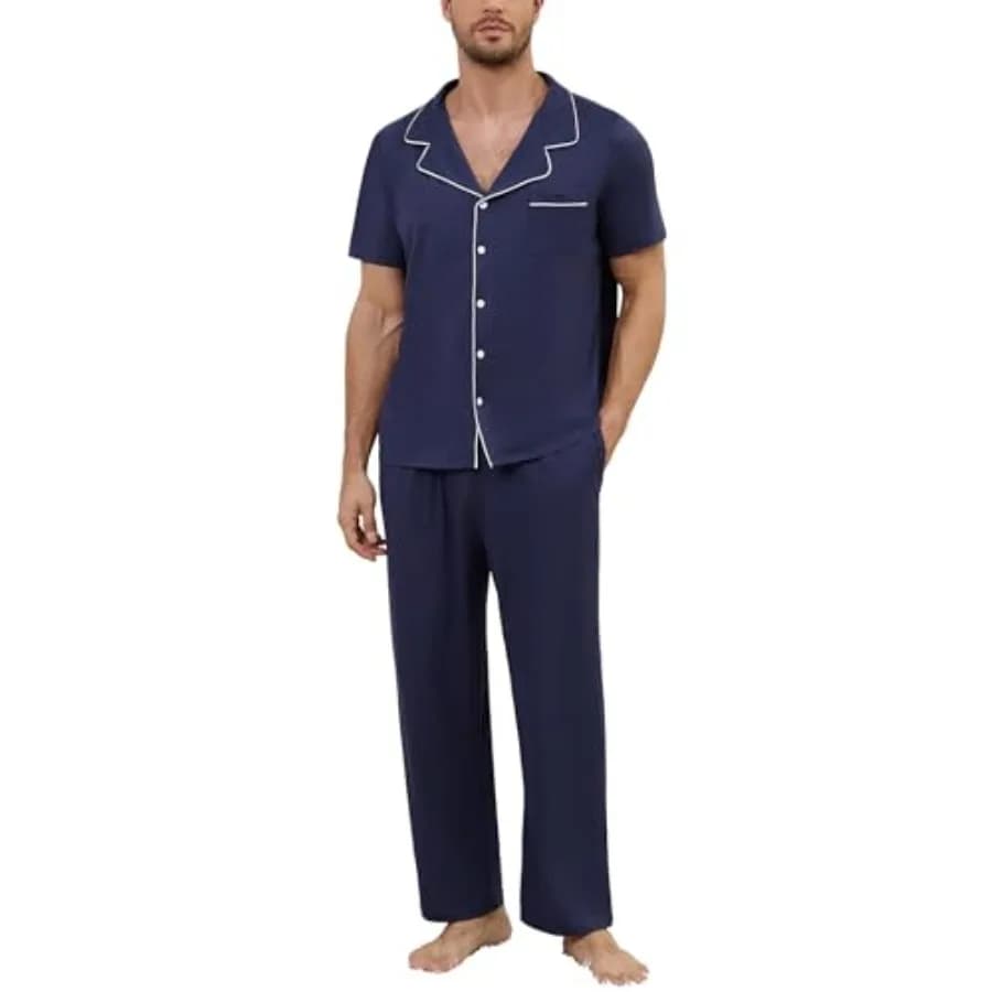 Marvmys Pigiama da uomo a maniche corte, pigiama classico con bottoni, pantaloni lunghi, pigiama con tasche, S-XXL
