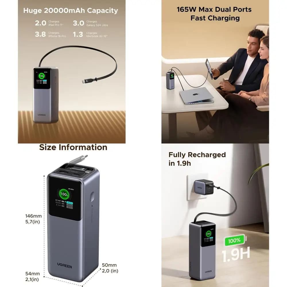 Power Bank da 20000mAh 165W con Cavo USB-C Integrato per Laptop e Dispositivi, Ricarica Rapida per MacBook, iPhone, iPad e Altri