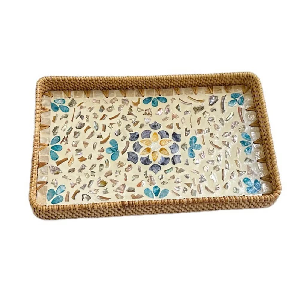 Cestino in rattan con conchiglia intrecciata a mano Vassoio in conchiglia in rattan colorato per tessitura in rattan Piatto di frutta secca fatto a mano per la casa Bagno