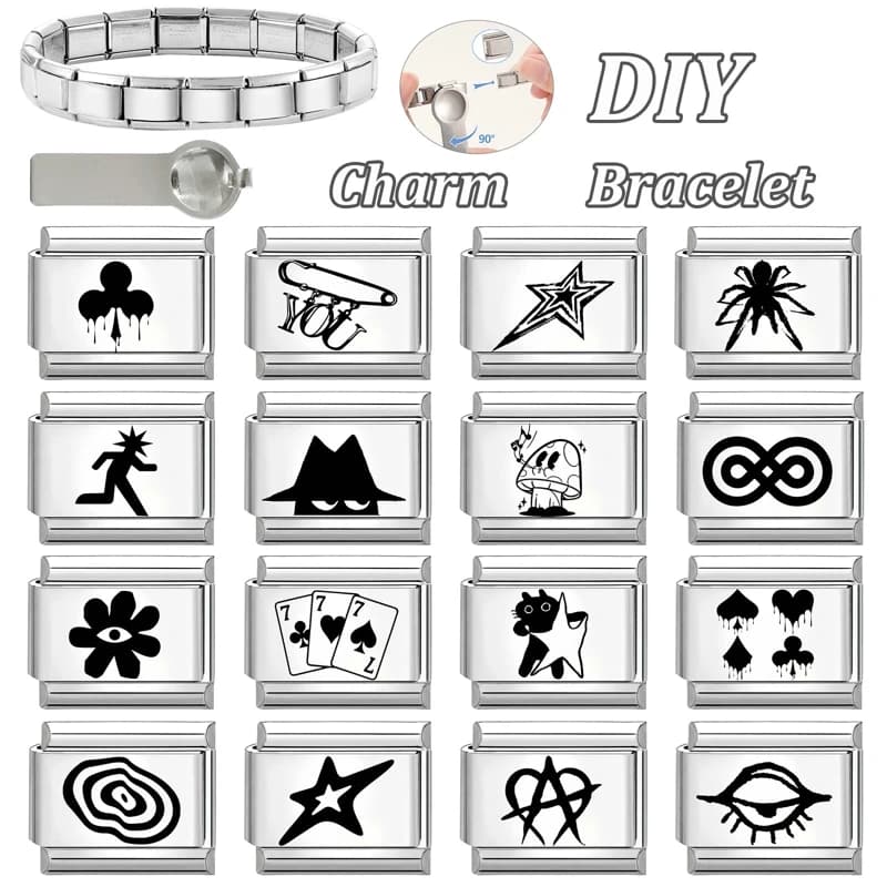 Laser Engraving Mushroom Star Flower Cat Eyes Moon Italian Charm Links Fit 9mm Stainless Steel Bracelet Y2K Men Women DIY Making
