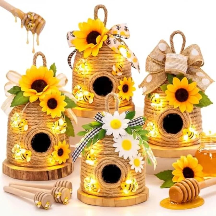 Set di 31 Pezzi Decorazioni Rustiche per Alveari a Tema Girasole e Apicoltura, con Luci a Corda, Bastoncini per Miele e Ape in Resina