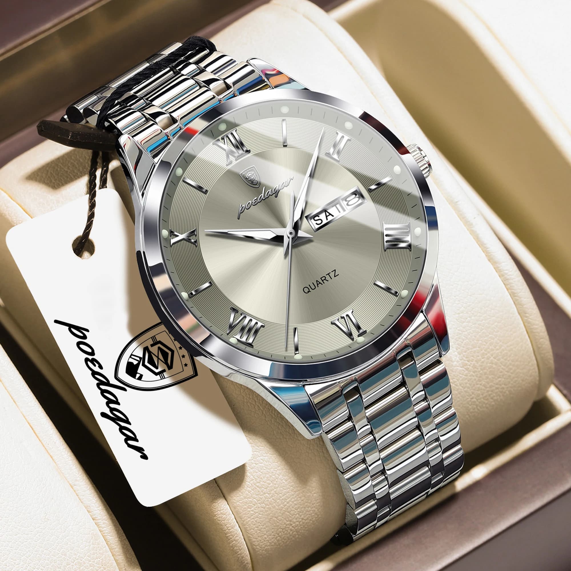 Orologio da Polso POEDAGAR per Uomo d'Affari e Sportivo, Impermeabile, Luminoso, con Data e Giorno della Settimana, Orologio al Quarzo in Acciaio Inossidabile