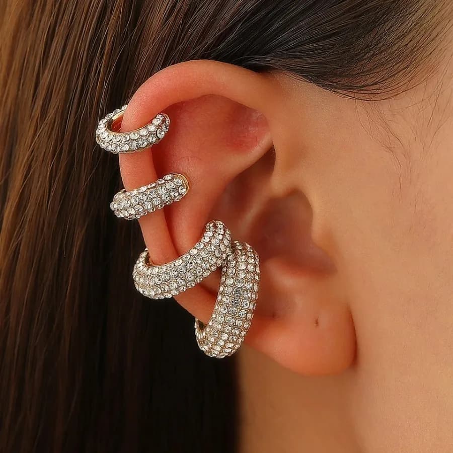 Rhinestone Inlay C-Shaped Clip Earrings for Women Gold Color Full Crystal Non-Piercing Luxury Female Ear Cuffs Stackable Jewelr