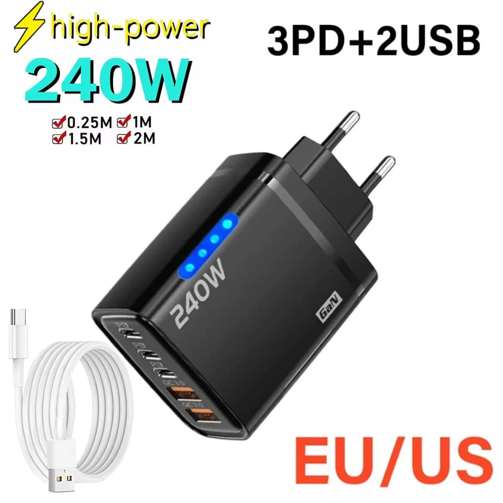 Caricatore GaN USB C 240W 5 in 1, Adattatore di Ricarica Rapida 10A con Cavo USB a Tipo C, 3PD 2USB QC3.0 per iPhone 16 Samsung Xiaomi