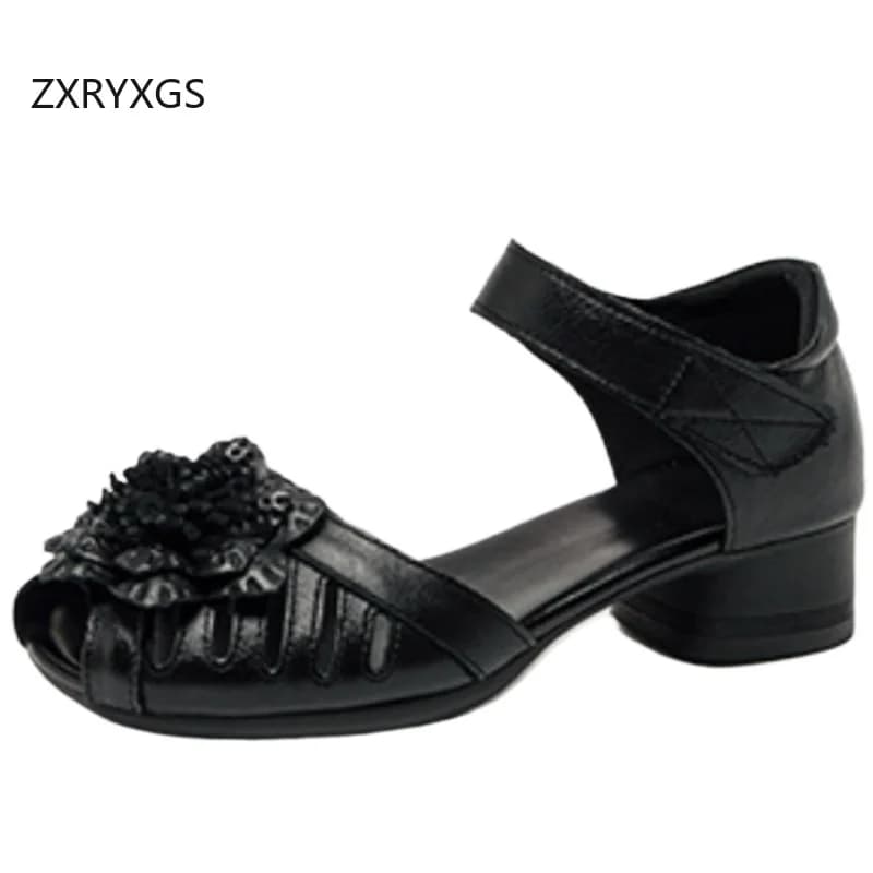 ZXRYXGS 2026 New Summer Genuine Leather Fish Mouth Flowers Sandals Fashionable Shoes Comfortable Soft Sole Mid Heel Sandals Tide