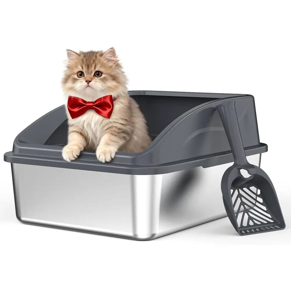 Lettiera per Gatti in Metallo con Coperchio, Ideale per Animali Domestici Piccoli o Infortunati, Inodore, Antiaderente, Include Paletta (Grigio, Piccola)