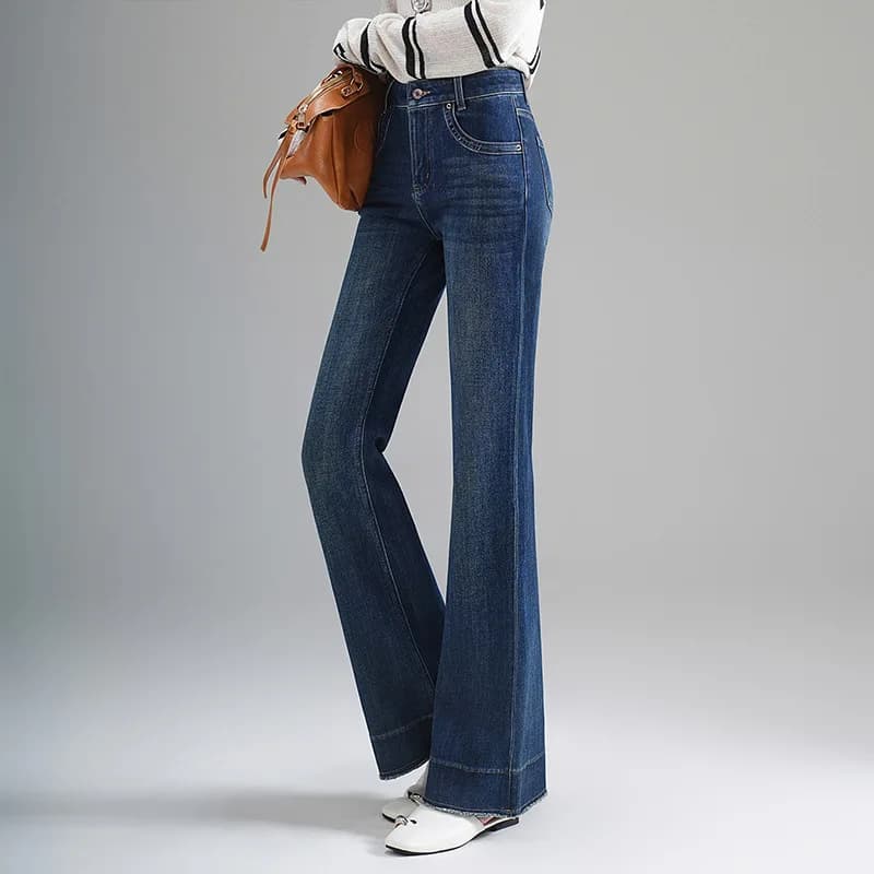 Jeans svasati a vita alta alla moda da donna autunno stile coreano slim fit elastico dimagrante pantaloni lunghi svasati versatili