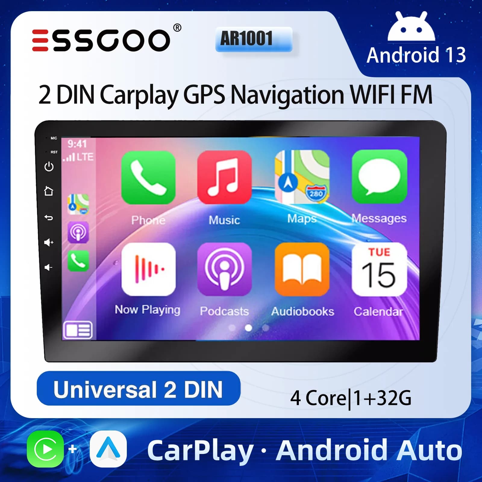 ESSGOO 10 "Android 13 Wireless Carplay Stereo per auto Lettore multimediale Radio 2 DIN Navigazione GPS BT WIFI Universale per VW Nissan