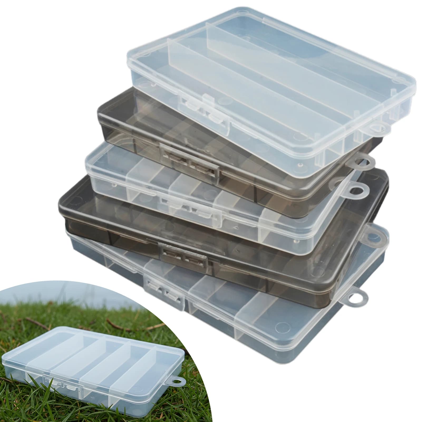 Transparent plastic bait box with 3/5 compartments, black fishing gear organizer, durable and lightweight for fishing hooks, baits