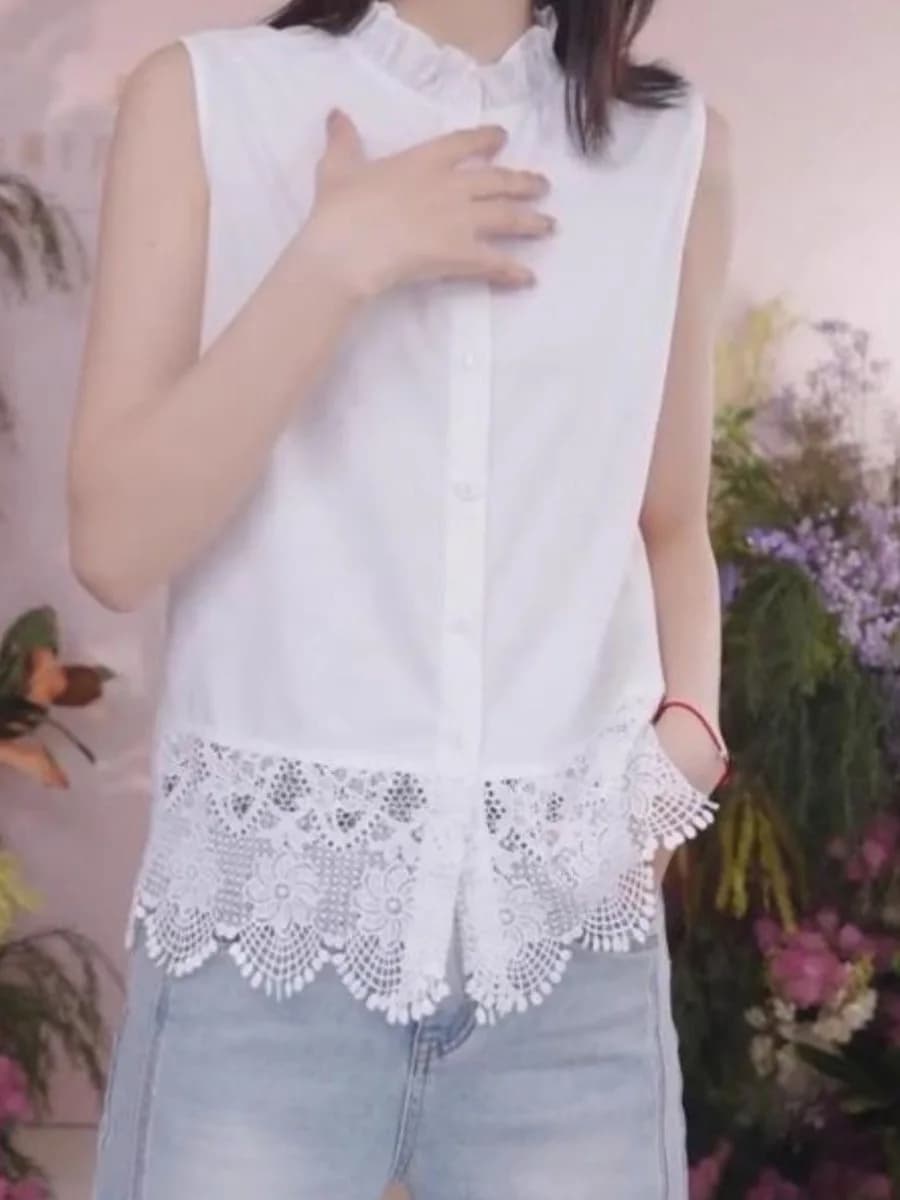 Camicetta da donna taglie forti in pizzo senza maniche, sottocamicia, nuovo stile primavera estate, con stampa floreale e dettagli in legno
