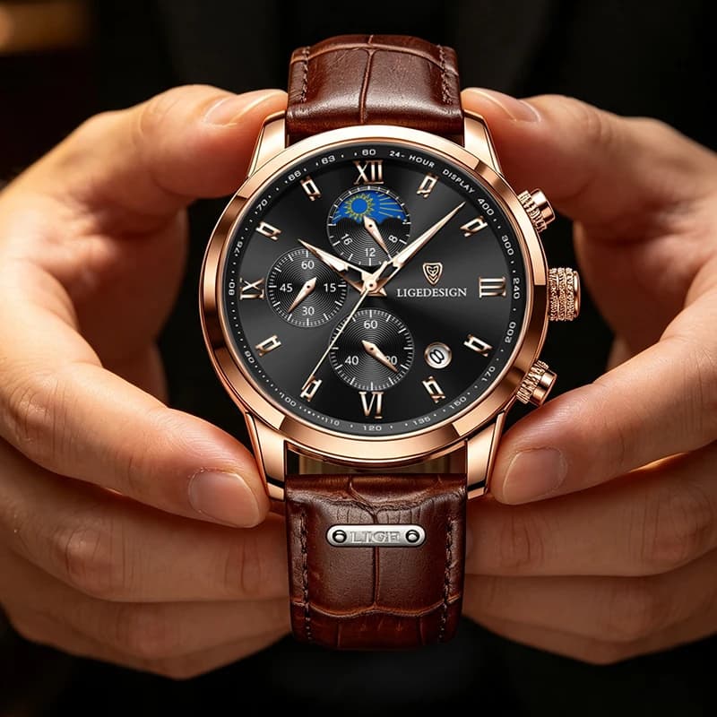 LIGE Men Watch Fashion Business Leather Waterproof Watches for Men Casual Sport Chronograph Quartz Wristwatch Male Clock Gift