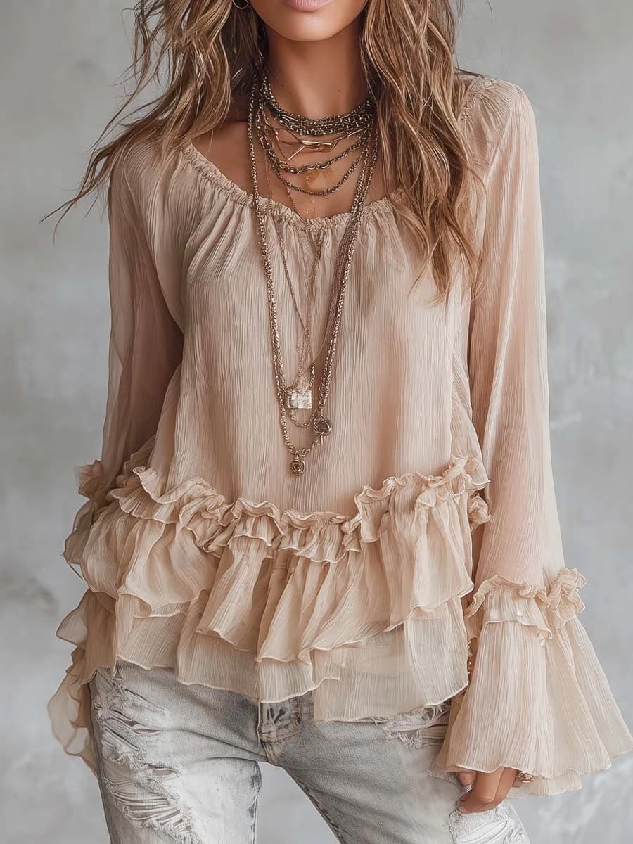 Boho Style Women Loose Pullover Blouse, Ruffle Trim High‑low Hem Shirt, Casual Unique Top, Lightweight Flowy Material