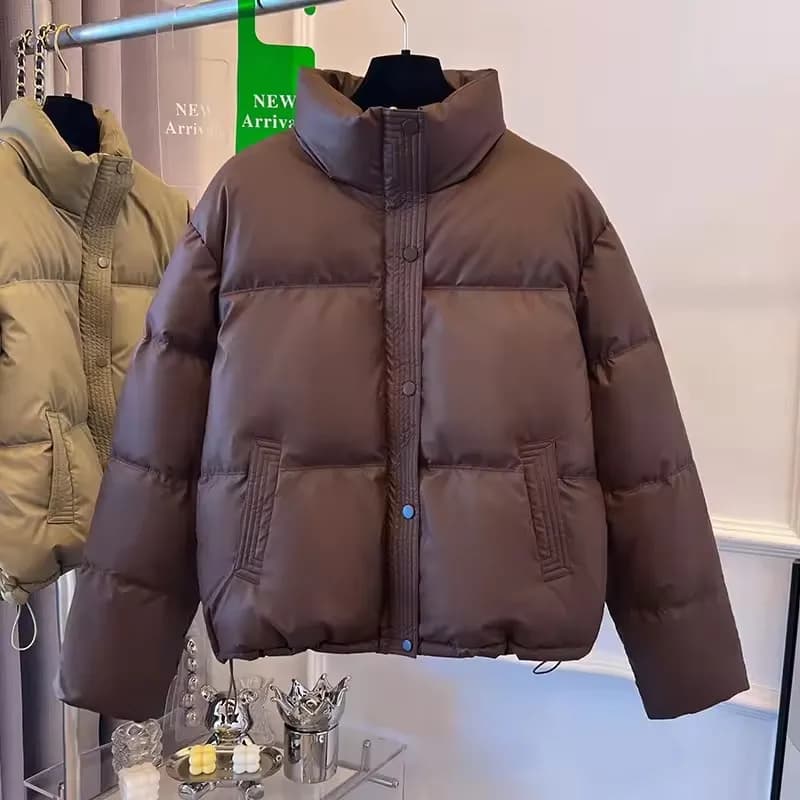 Piumino corto da donna invernale 2025 Nuovo colletto alla coreana Parka Cappotto femminile casual allentato caldo Qulited Cappotto a maniche lunghe con cerniera