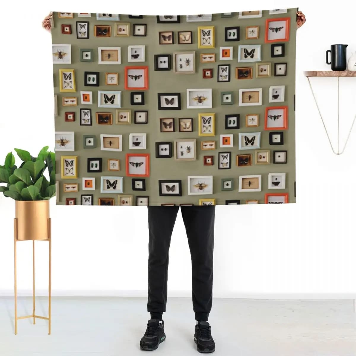 Wall cover with frame for insect photos, light and portable blanket for travel and camping