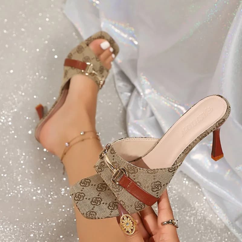 Eleganti Ciabatte da Donna con Fibbia in Metallo, Nuovi Sandali Estivi alla Moda con Stampa e Tacco Sottile, Scarpe Casual Comode con Tacco Alto