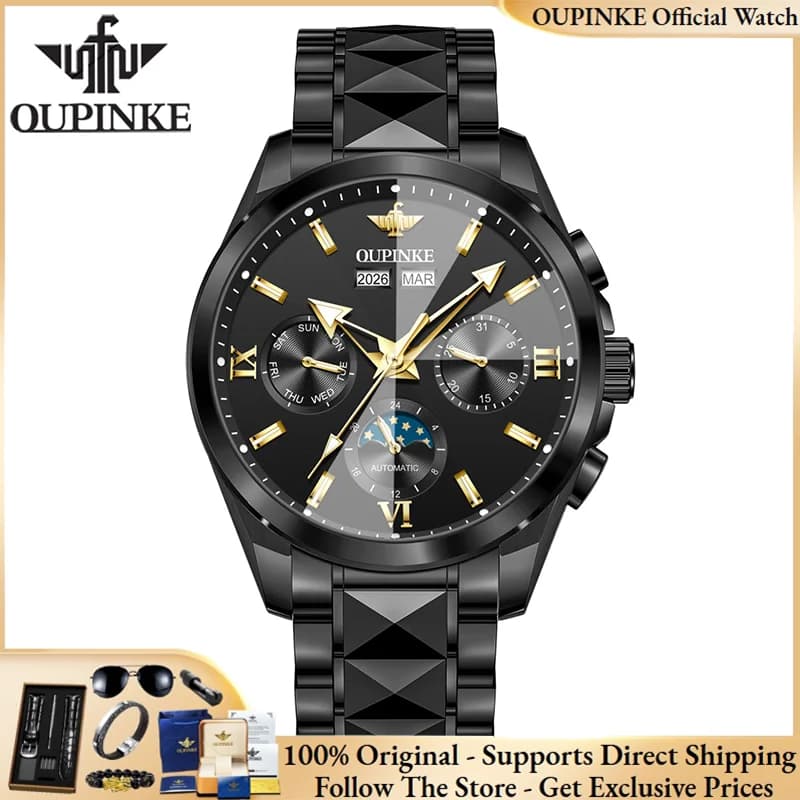 OUPINKE 3325 Orologi originali di marca per uomo, confezione regalo di lusso, cinturino in acciaio, orologio meccanico da uomo con specchio a forma di diamante