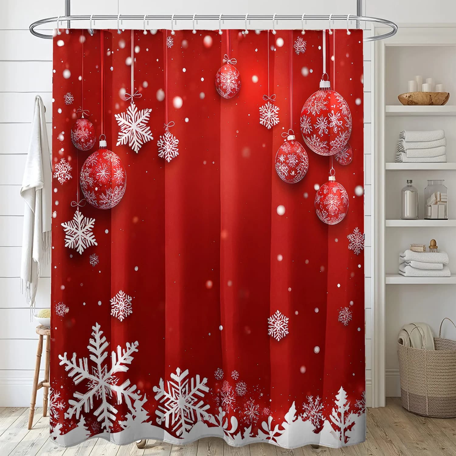 Christmas Red Background Snowflake Ball Print Shower Curtain, High Quality Polyester Fabric with Hooks