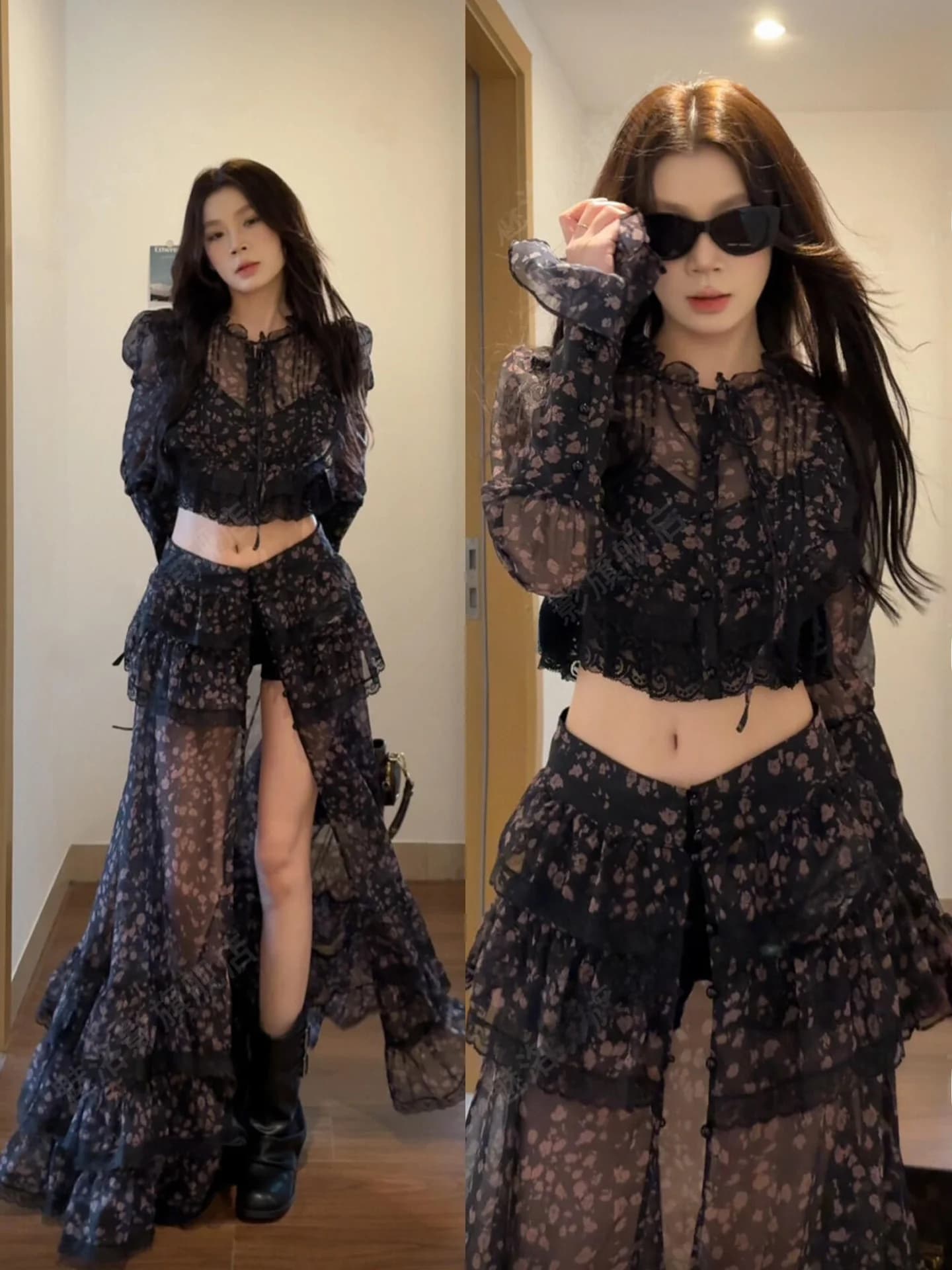 Korean Style Hot Girl Long Sleeve Tie Short Shirt Top High Waist Irregular Skirt Shorts Three Piece Set for Autumn