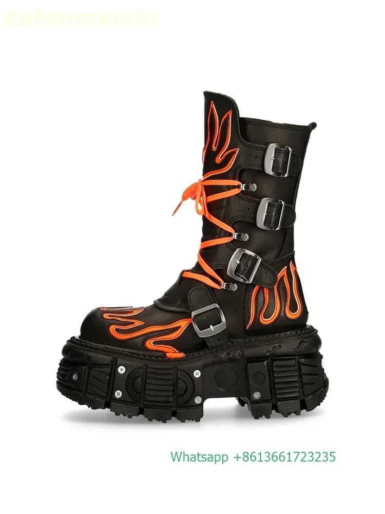 Retro Dark Style Punk Motorcycle Boots Flame Thick-Soled Boots Men/women Fashion Rock Boots Lace Up Belt Buckle Mid-Calf Boots