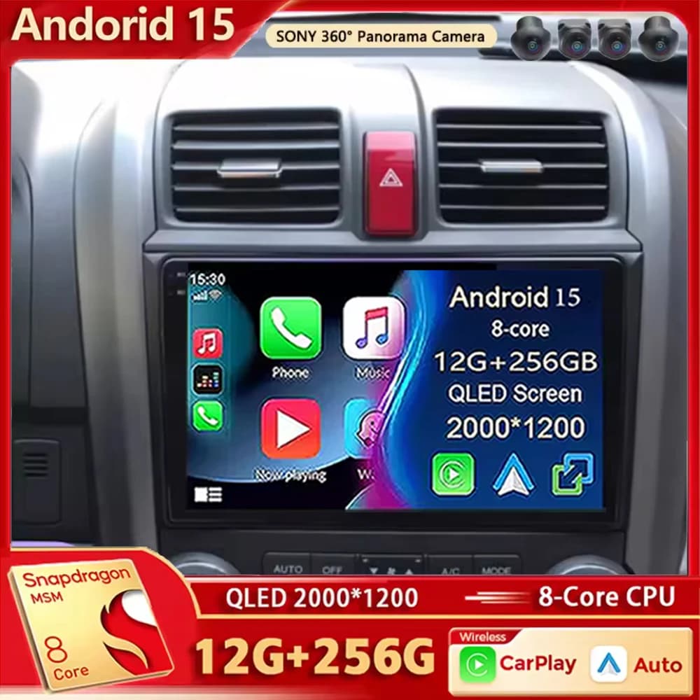 GPS AI Voice 4G CarPlay Head Unit Android 15 For Honda CRV CR-V 3 RE 2006-2012 2K QLED Stereo Car Radio Multimedia Video Player