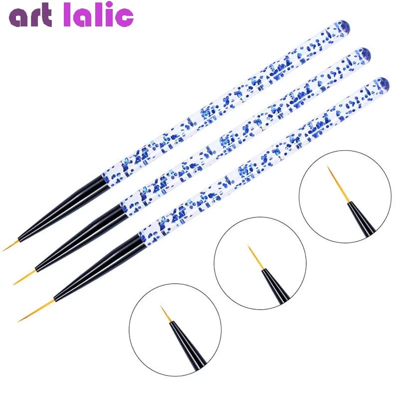 Set di 3 penne per pittura su linea per nail art, pennelli per gel UV acrilico, fodera in cristallo, glitter, design francese, strumento per manicure con punte