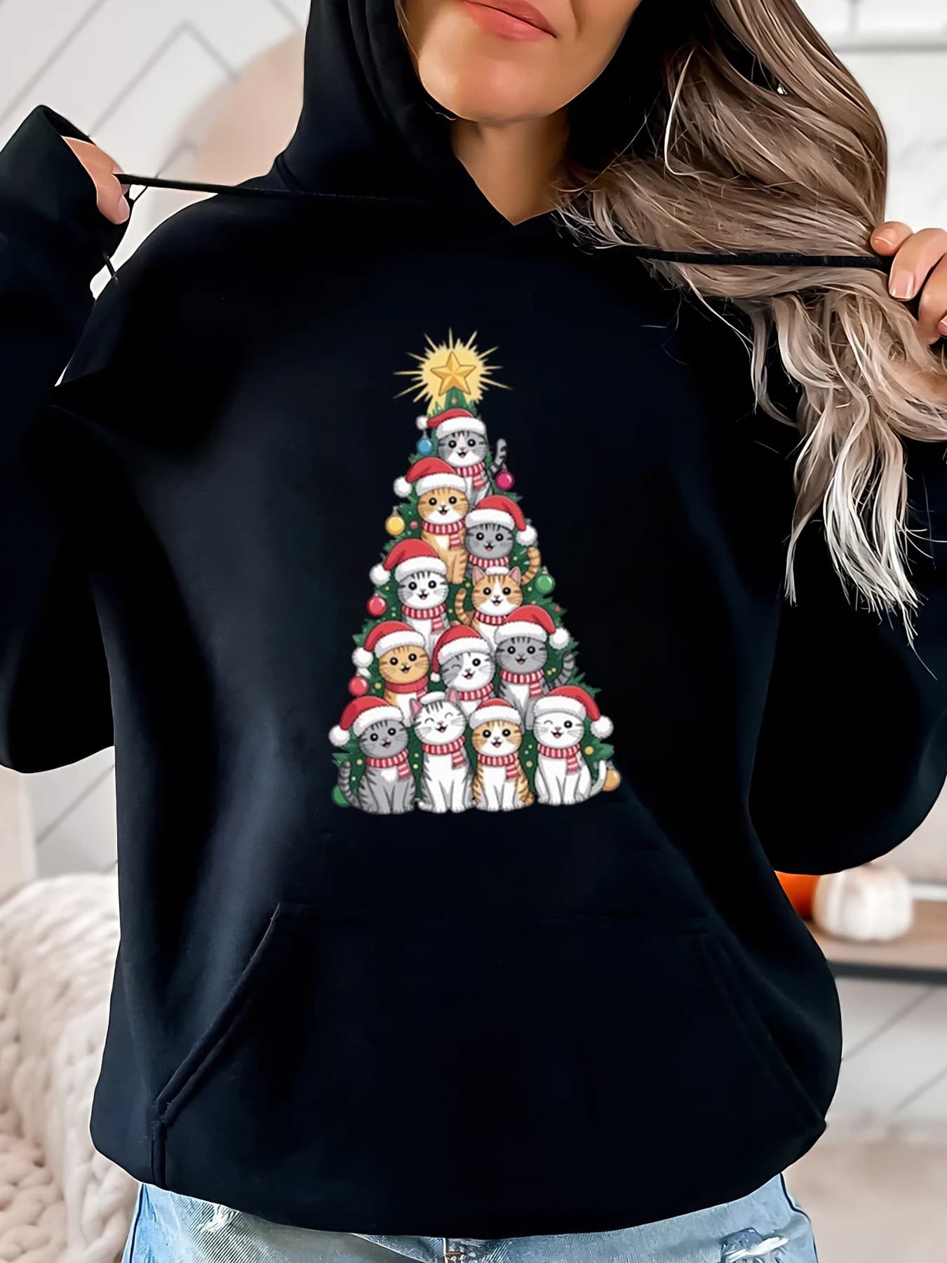 Felpa con cappuccio natalizia con stampa albero di gatti natalizi da donna Abbigliamento invernale casual Nero Taglie forti