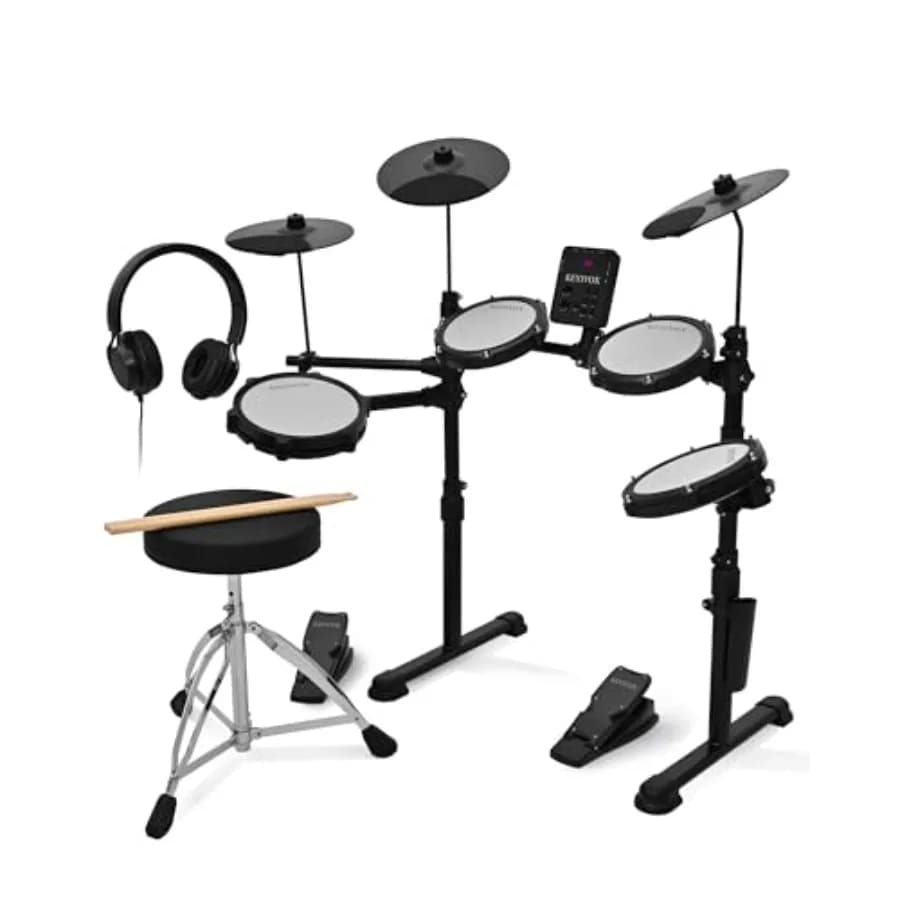 Batteria Elettronica Silenziosa per Adulti con 4 Pad in Mesh Neri, 150 Suoni, 30 Canzoni, 15 Kit, USB MIDI, Cuffie, Sgabello e Bacchette