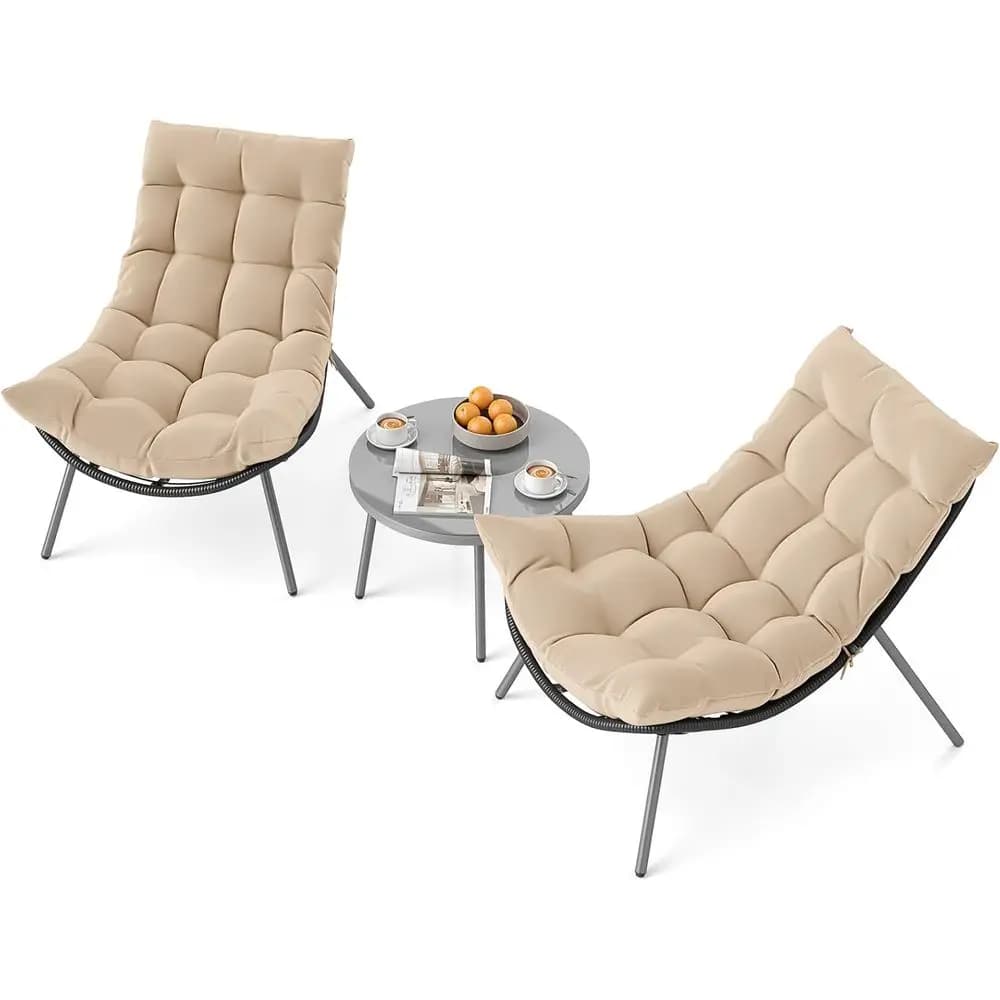 Outdoor bistro set in 3 pieces with chairs padded in wicker and glass table for patio, balcony, terrace and garden