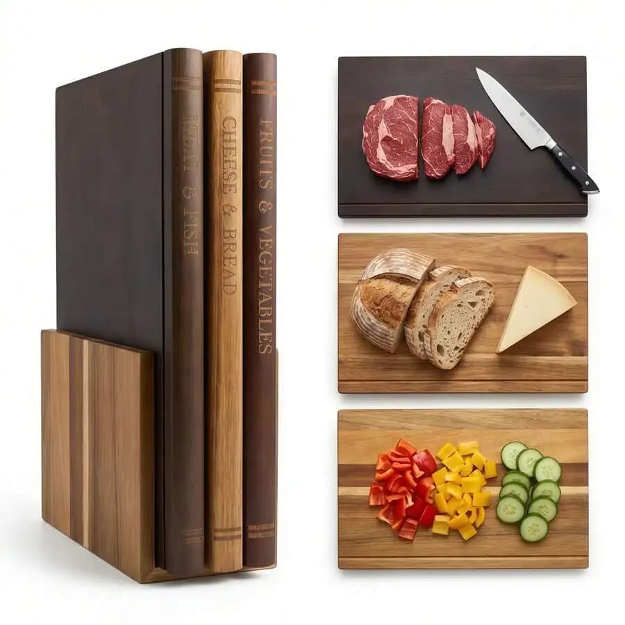 Acacia Wood Cutting Board Book Set, 3-Piece Decorative Chopping Boards With Stand| Book-Shaped Design| Dishwasher Easy Cleaning|