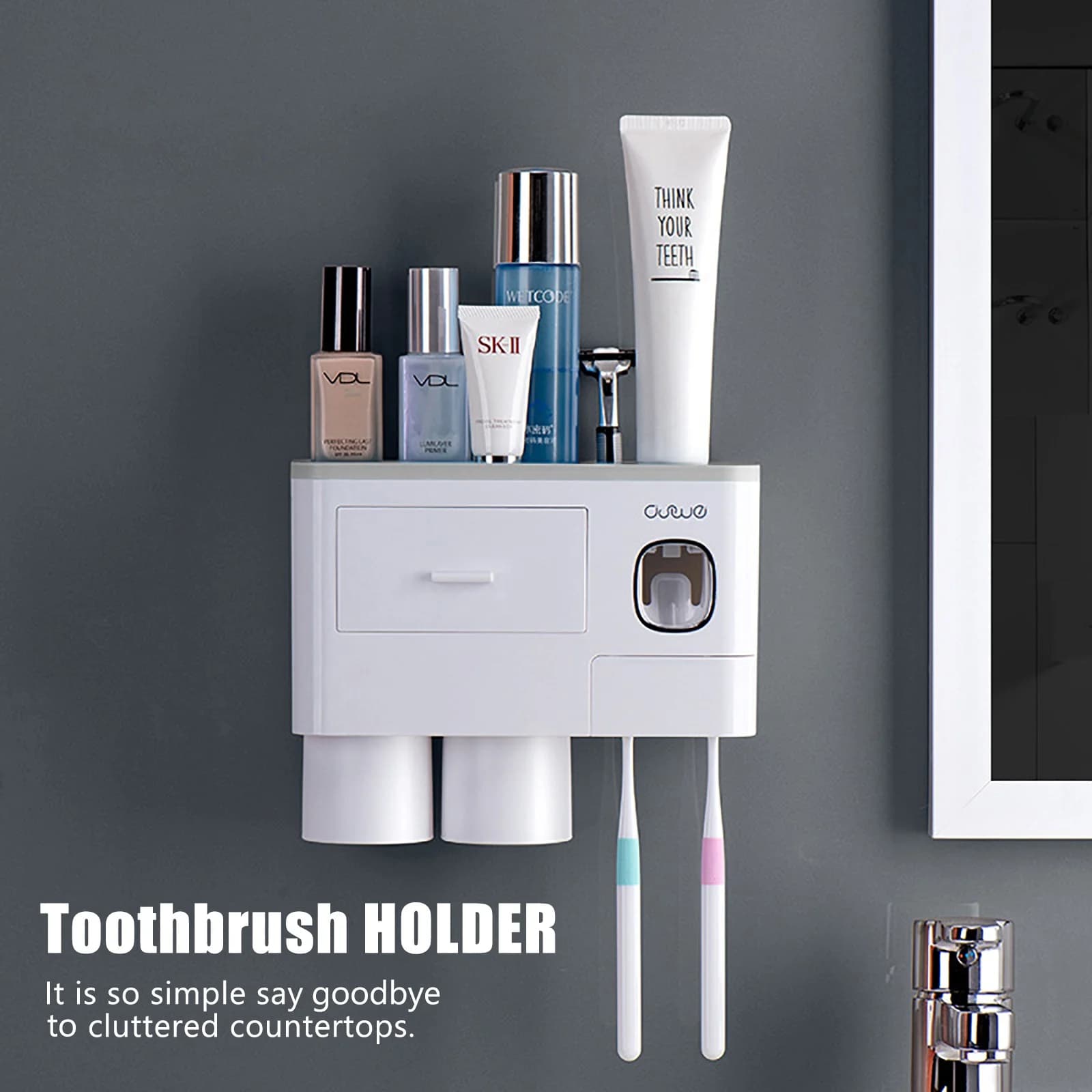 Porta spazzolino da bagno Portaoggetti da bagno a parete Doppio dispenser automatico di dentifricio con tazze magnetiche