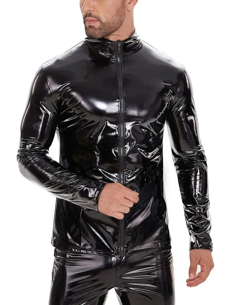 Men Long Sleeve Faux Shiny PU Leather Tshirt Wet Look PVC Mens Jackets Coats Tight Sexy Cosplay Windbreaker Moto T Shirt Tops