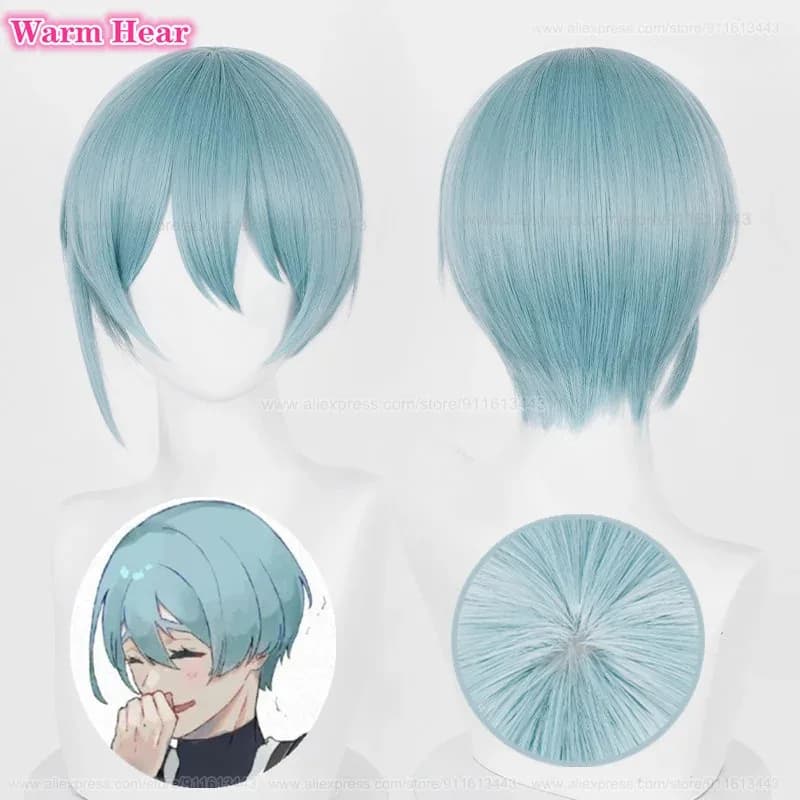 Yo Hiori corto 28 cm azzurro ciano resistente al calore sintetico cosplay parrucche anime + cappuccio per parrucca