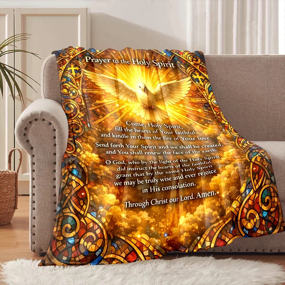 1PC Coperta in flanella con stampa della Fede e testo luminoso della preghiera del Spirito Santo, morbida e calda, adatta per casa, viaggi, picnic, campeggio, camper.