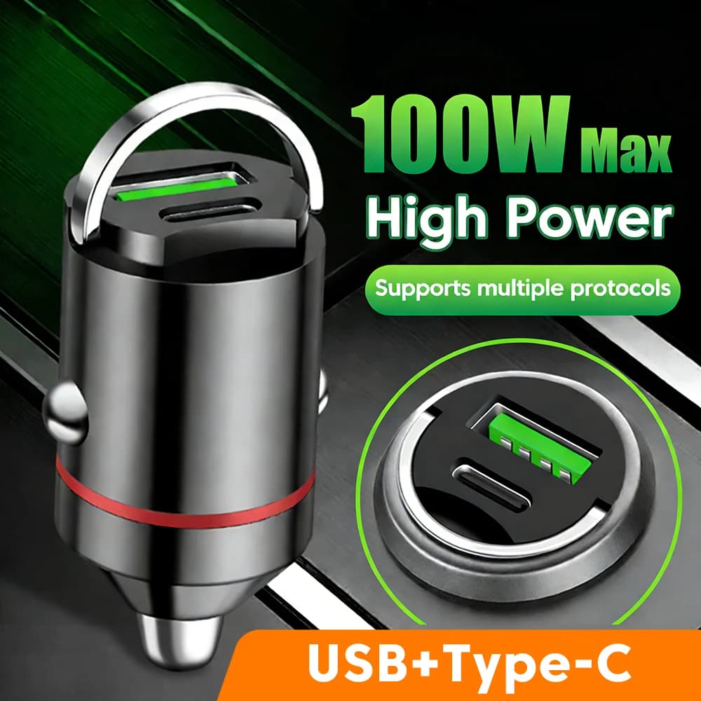 Caricabatterie USB per Auto 100W QC3.0 Ricarica Rapida per Huawei Honor, Doppia Porta Mini 15W Tipo C per Xiaomi