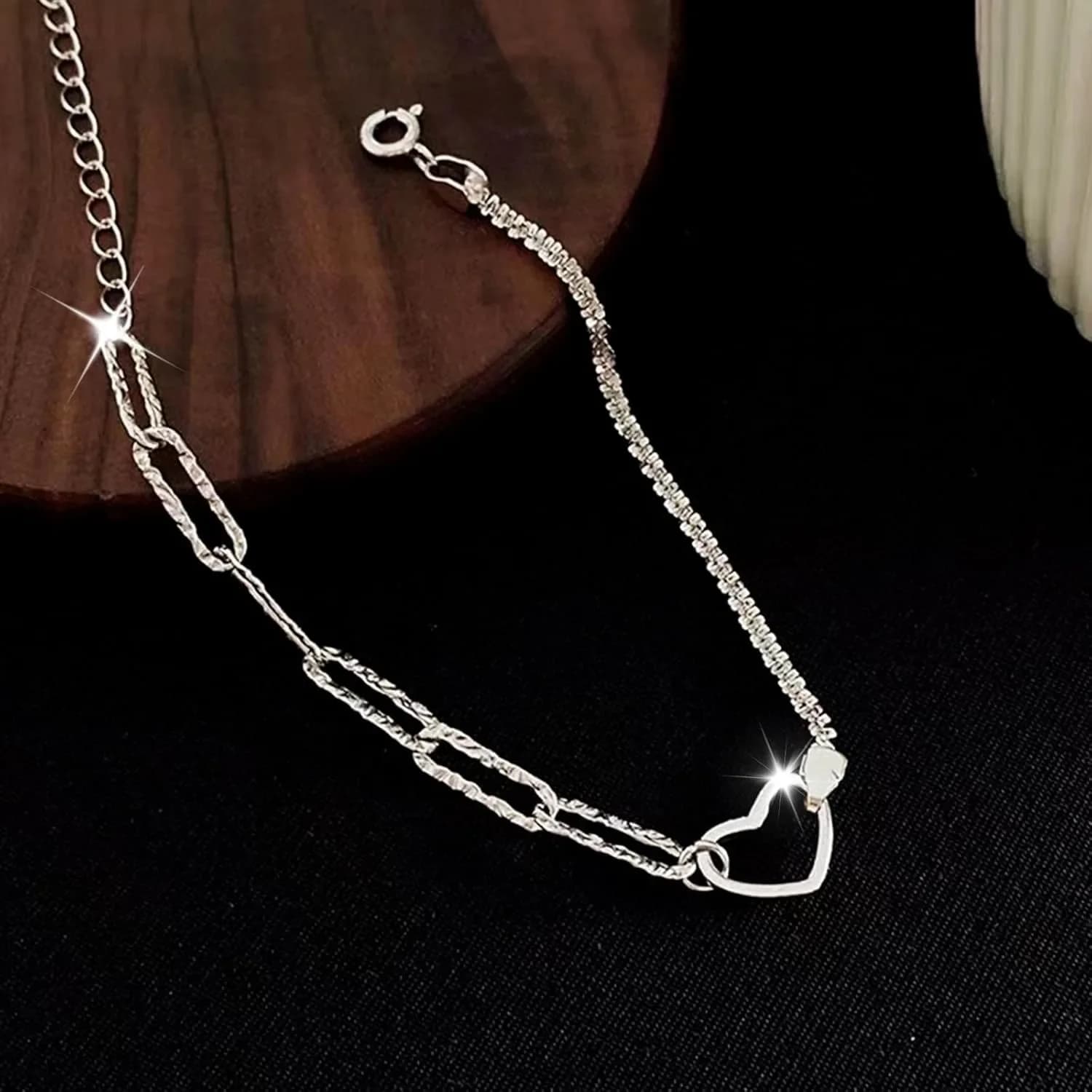 Bracciale a Cuore Scintillante in Argento 925 da Donna, Bracciale a Catena con Cuore Vuoto Semplice ed Elegante, Gioiello da Donna per Matrimoni e Feste, Idea Regalo