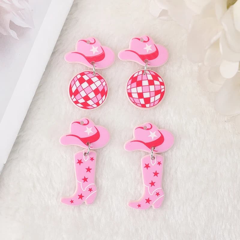 10 pz/lotto Fishon Disco Charms Acrilico Rosa Cappello Da Cowboy Stivali Risultati Per Collana Portachiavi Gioielli Fai Da Te