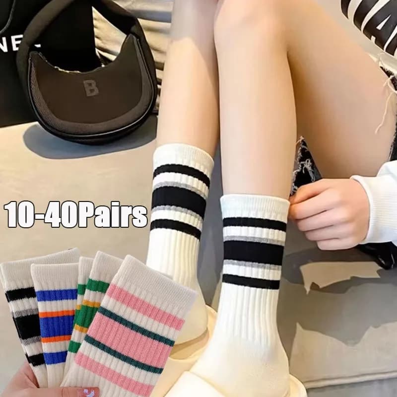 10-40Pairs New Striped Mid Calf Socks Cotton Breathable Korean Streetwear for Women Men Couple Casual Athletic Socks