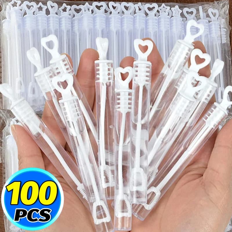 100/10pcs Mini Cuore Bolla Bacchetta Tubo Trasparente Vuoto Bolle di Sapone Bottiglie Festival Compleanno Festa di Nozze Bomboniere Giocattoli Per Bambini Regali