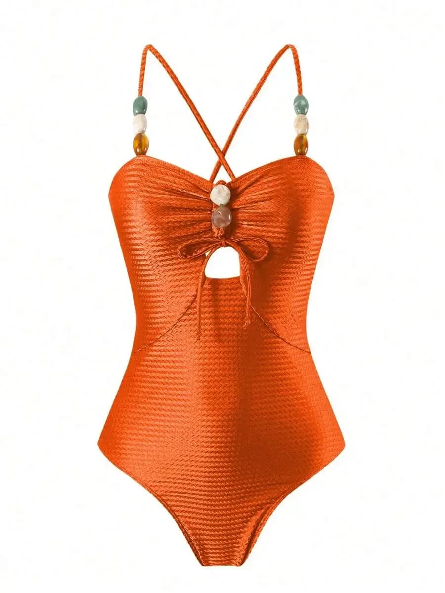 Costume da bagno intero da donna a tinta unita con spalline sottili e cinturini decorati con perline
